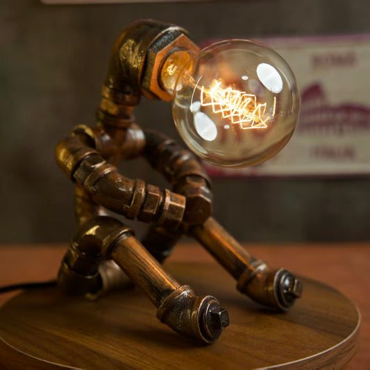 “Pondering”Steampunk Pipe Lamp - Handmade Industrial Vintage Robot Table Lamp, LED Night Light for Bar & Coffee Shop Decor