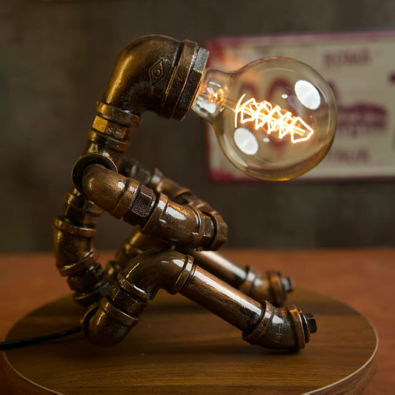 “Pondering”Steampunk Pipe Lamp - Handmade Industrial Vintage Robot Table Lamp, LED Night Light for Bar & Coffee Shop Decor