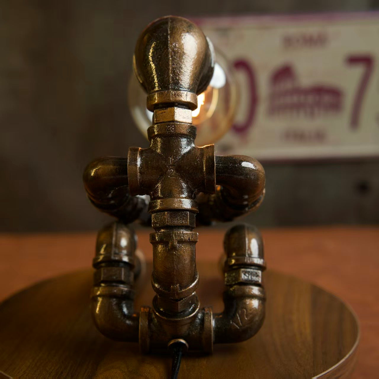 “Pondering”Steampunk Pipe Lamp - Handmade Industrial Vintage Robot Table Lamp, LED Night Light for Bar & Coffee Shop Decor