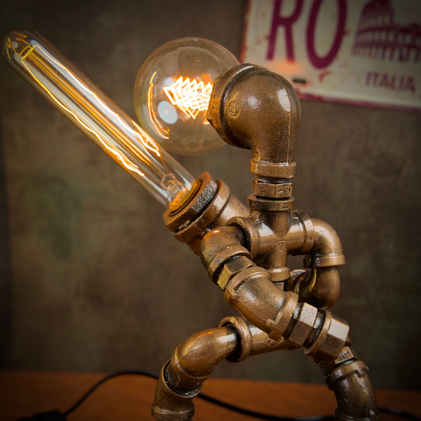 “Siege Warrior"Light-Up Robot Statue - Handmade Steampunk Industrial Pipe Sculpture, LED Night Light for Bar & Coffee Shop Decor