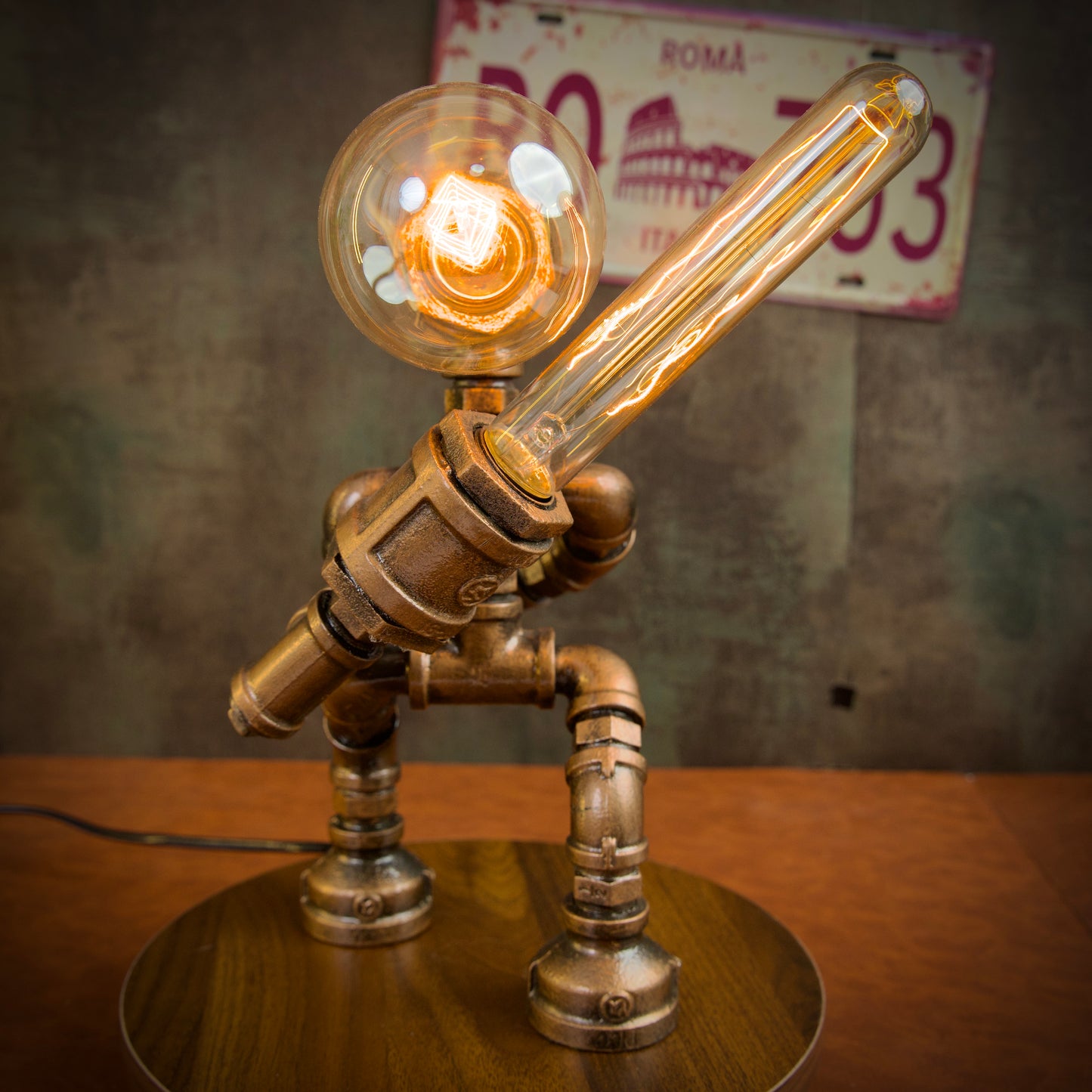 “Siege Warrior"Light-Up Robot Statue - Handmade Steampunk Industrial Pipe Sculpture, LED Night Light for Bar & Coffee Shop Decor