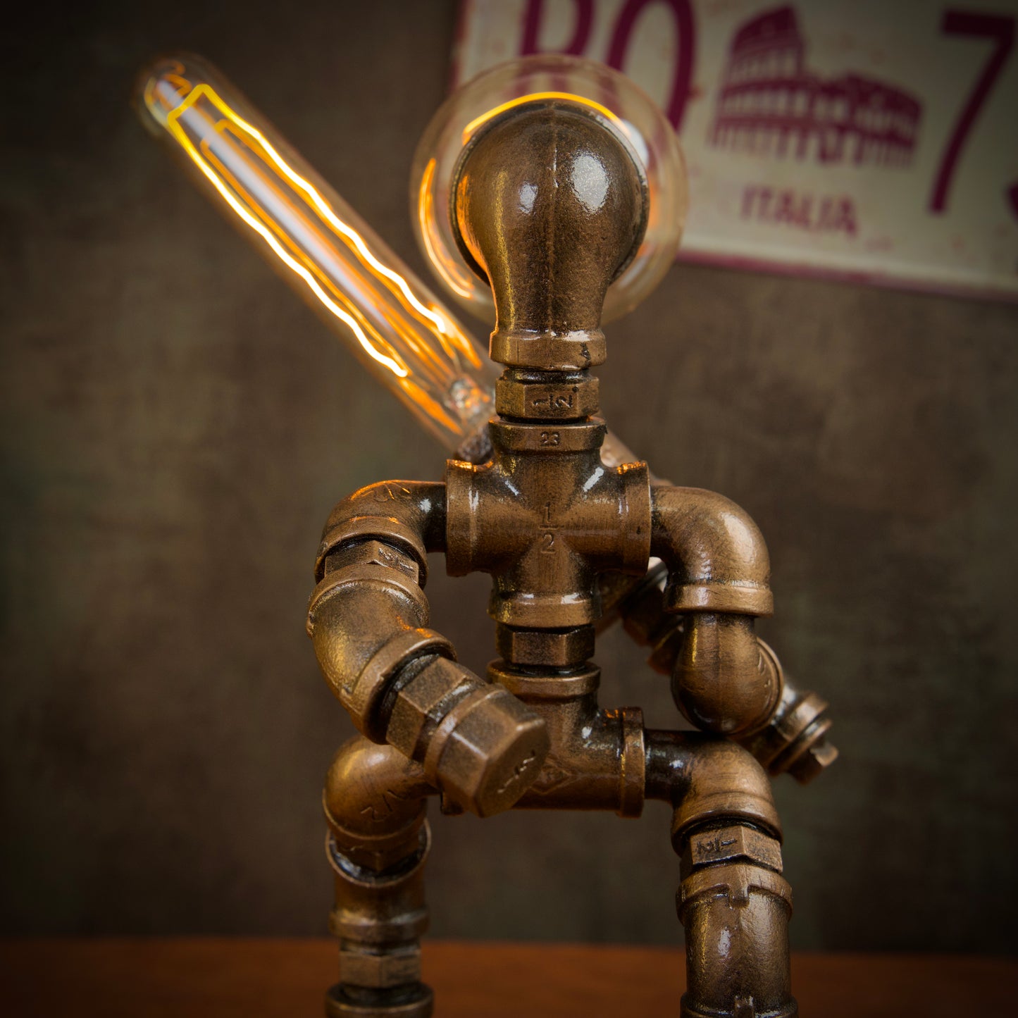 “Siege Warrior"Light-Up Robot Statue - Handmade Steampunk Industrial Pipe Sculpture, LED Night Light for Bar & Coffee Shop Decor