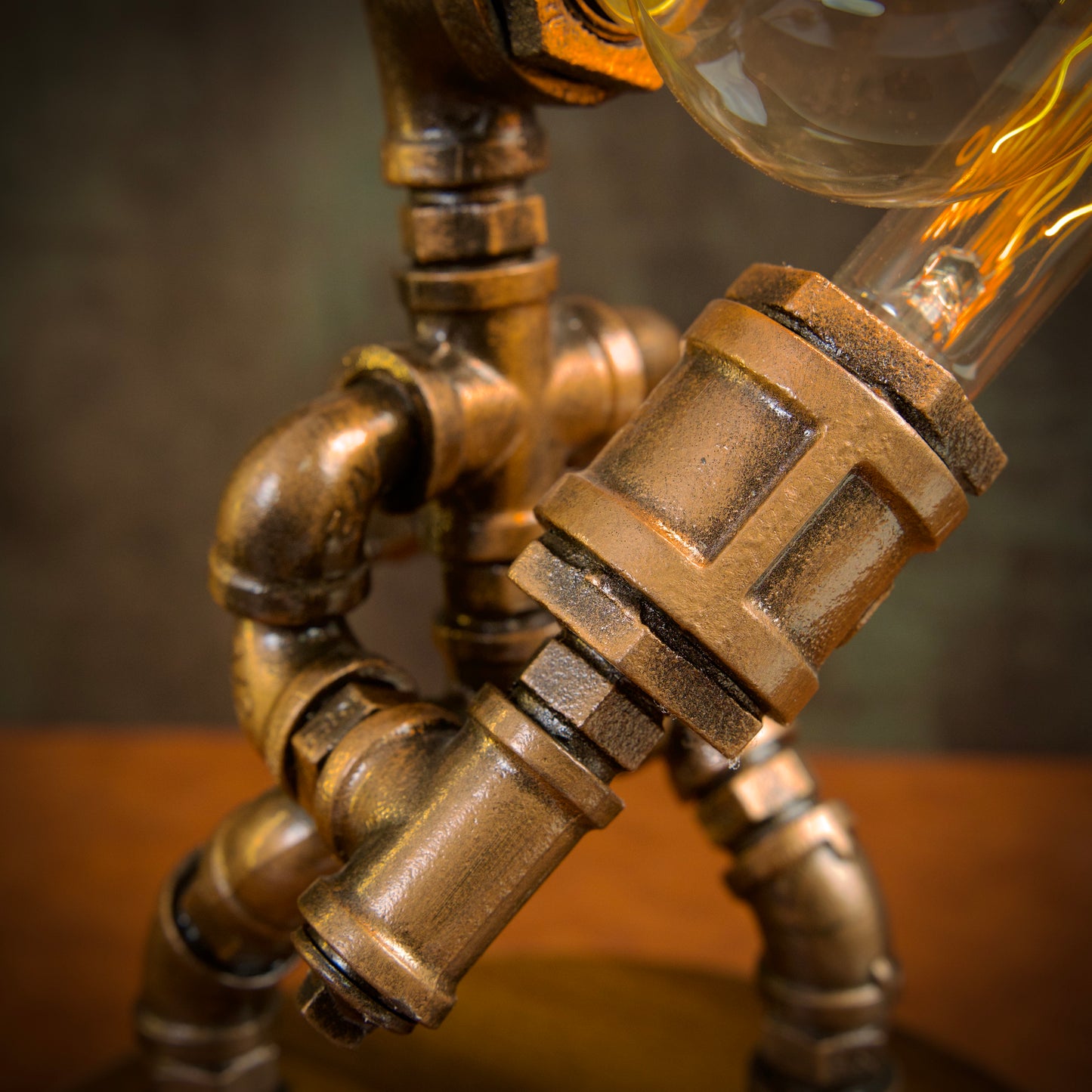 “Siege Warrior"Light-Up Robot Statue - Handmade Steampunk Industrial Pipe Sculpture, LED Night Light for Bar & Coffee Shop Decor