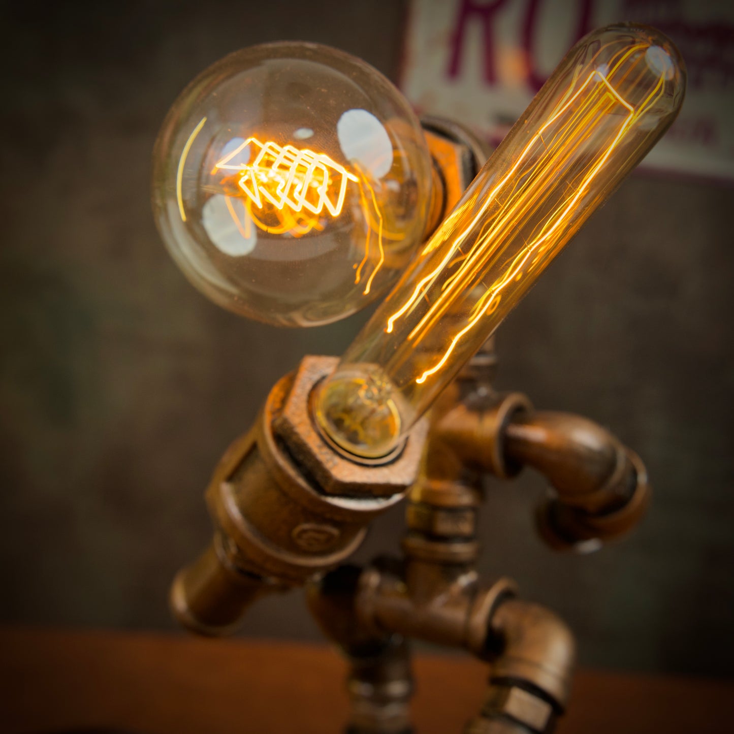 “Siege Warrior"Light-Up Robot Statue - Handmade Steampunk Industrial Pipe Sculpture, LED Night Light for Bar & Coffee Shop Decor